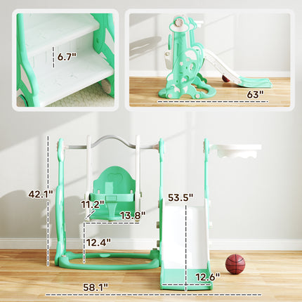 4-in-1 Toddler Slide and Swing Set – Indoor & Outdoor Playground with Climber & Basketball Hoop – Safe Activity Center for Ages 1.5-4 (Green)