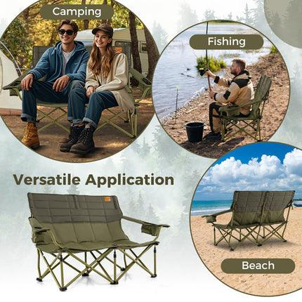 Oversized Padded Double Camping Chair – Thickened 2-Person Loveseat Couch – Heavy Duty Folding Seat with Cup Holders – Black & Gray