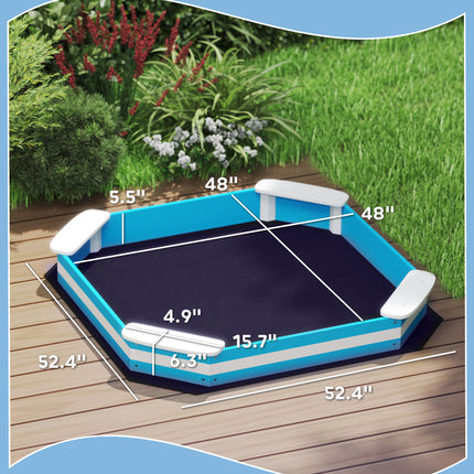 52" Kids Square Wooden Sandbox with 4 Corner Seats – Outdoor Garden Sandpit with Protective Bottom Liner – Blue Sensory Play Station