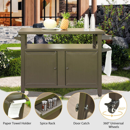 Outdoor Grill Prep Cart with Storage Cabinet and Wheels