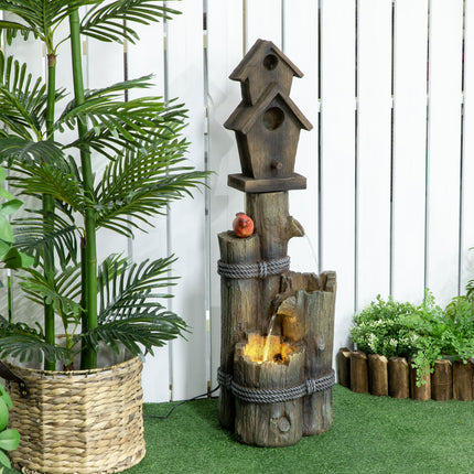 Outdoor Fountain with Birdhouse – 3-Tier Cascading Tree Trunk Waterfall – Rustic Log Design Bird Bath with LED Lights for Garden & Yard