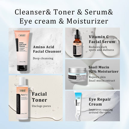 5-Step Radiant Glow & Repair System – Complete Daily Skincare Routine 
(Cleanser, Toner, Serum, Eye Cream & Moisturizer)