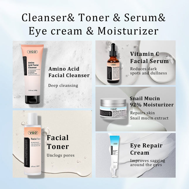 5-Step Radiant Glow & Repair System – Complete Daily Skincare Routine 
(Cleanser, Toner, Serum, Eye Cream & Moisturizer)