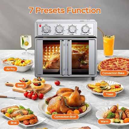 XXL 28L French Door Air Fryer Oven – Silver Stainless Steel Finish – 1700W High Power – Fits 12" Pizza & Whole Chicken