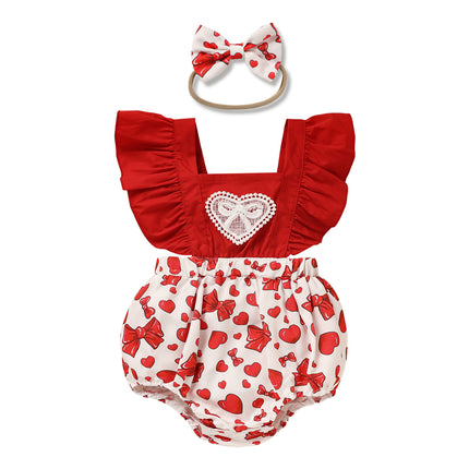Baby Girl Heart & Bow Print Romper – Pink Ruffle Trim Bodysuit – Sweetheart Long Sleeve One-Piece for Infants