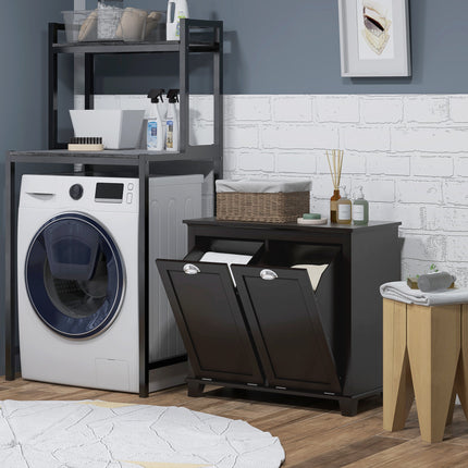 Double Tilt-Out Laundry Hamper Cabinet – 2-Compartment Wooden Laundry Organizer – Black Bathroom Storage Cabinet with Dual Removable Baskets