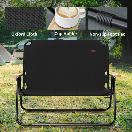 Double Folding Camping Chair – Portable 2-Person Loveseat – Outdoor Couch with Wood Armrests & Cup Holders – Black