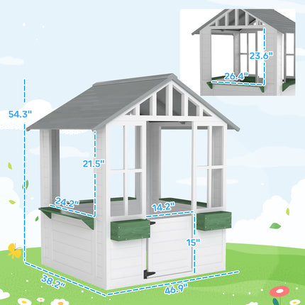 Kids Wooden Outdoor Playhouse – Weather-Resistant Garden Cottage with Flowerpot Holders & Service Station for Creative Backyard Play