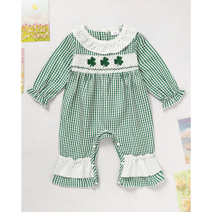St. Patrick’s Day Baby Girl Romper – Green Plaid & Four-Leaf Clover Print Bodysuit – Long Sleeve Lucky Charm Outfit