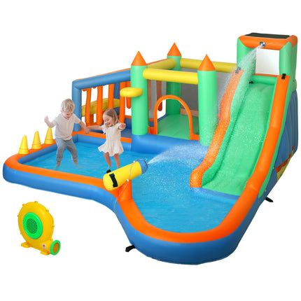 8-in-1 Inflatable Bounce House & Water Slide – Huge Jumping Castle with 680W High-Power Blower – Double Slides, Climbing Wall & Splash Pool – Premium Backyard Fun for Kids