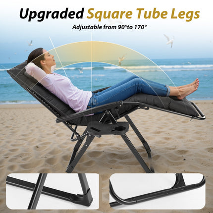 Zero Gravity Reclining Lounge Chair – Folding Patio Chair with Removable Soft Cushion & Cup Holder Tray – Supports 350lbs – Black