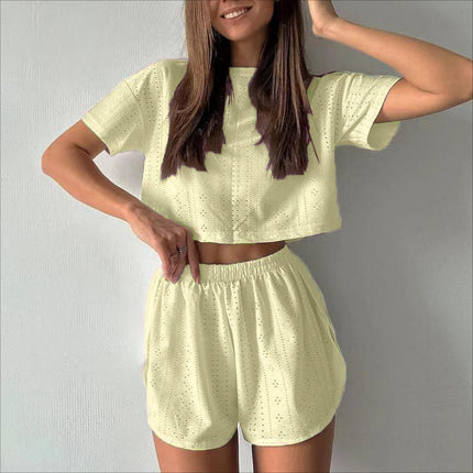 Women's 2-Piece Hollow Out Crop Top and Shorts Set – Breathable Summer Lounge Outfit for Casual Wear & Active Days