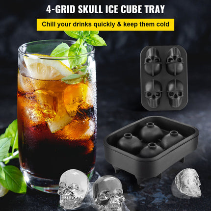 4-Grid Skull Ice Cube Tray – Flexible Silicone Mold with Lid & Funnel – 1.6"x1.8" Skull Ice Maker for Whiskey, Cocktails & Halloween